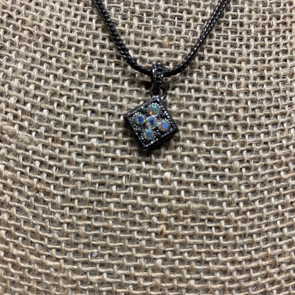 Napier Gunmetal Double Strand Necklace Square Aurora Borealis Rhinestone Pendant - Picture 2 of 7
